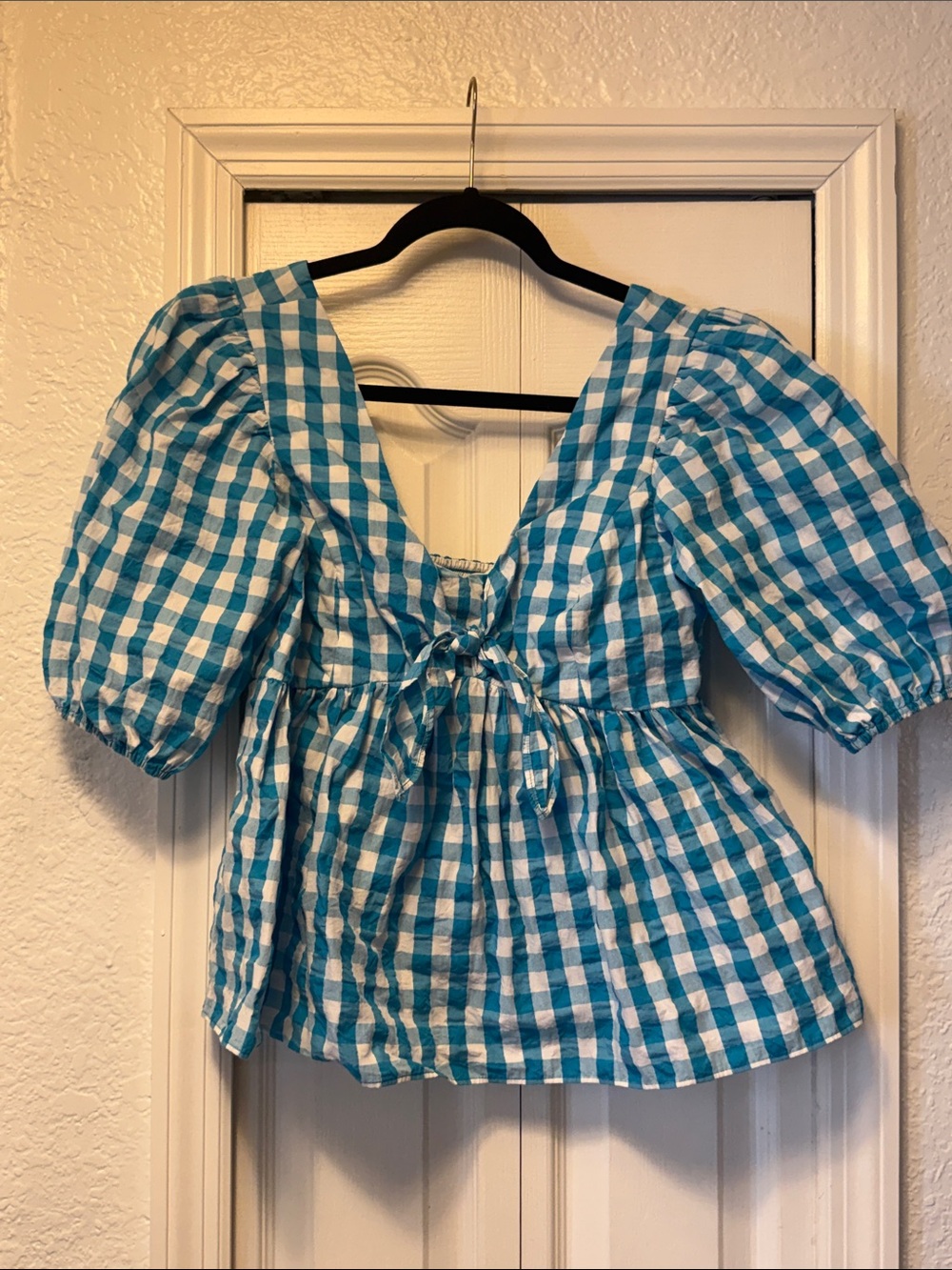 Lilly Pulitzer Blue and White Gingham Puff-Sleeve Peplum Top